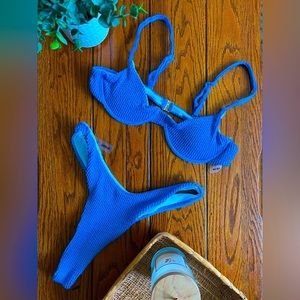 Blue Ruched Swim Suit Thong Bikini Set NWOT